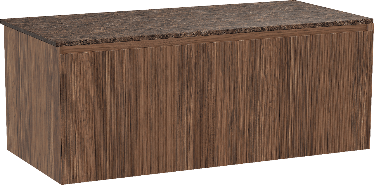 Balmani Fila zwevend badmeubel 120 x 55 cm notenhout met Stretto enkel of dubbel wastafelblad in marmer dark emperador, Verticale symmetrische rechte ribbel