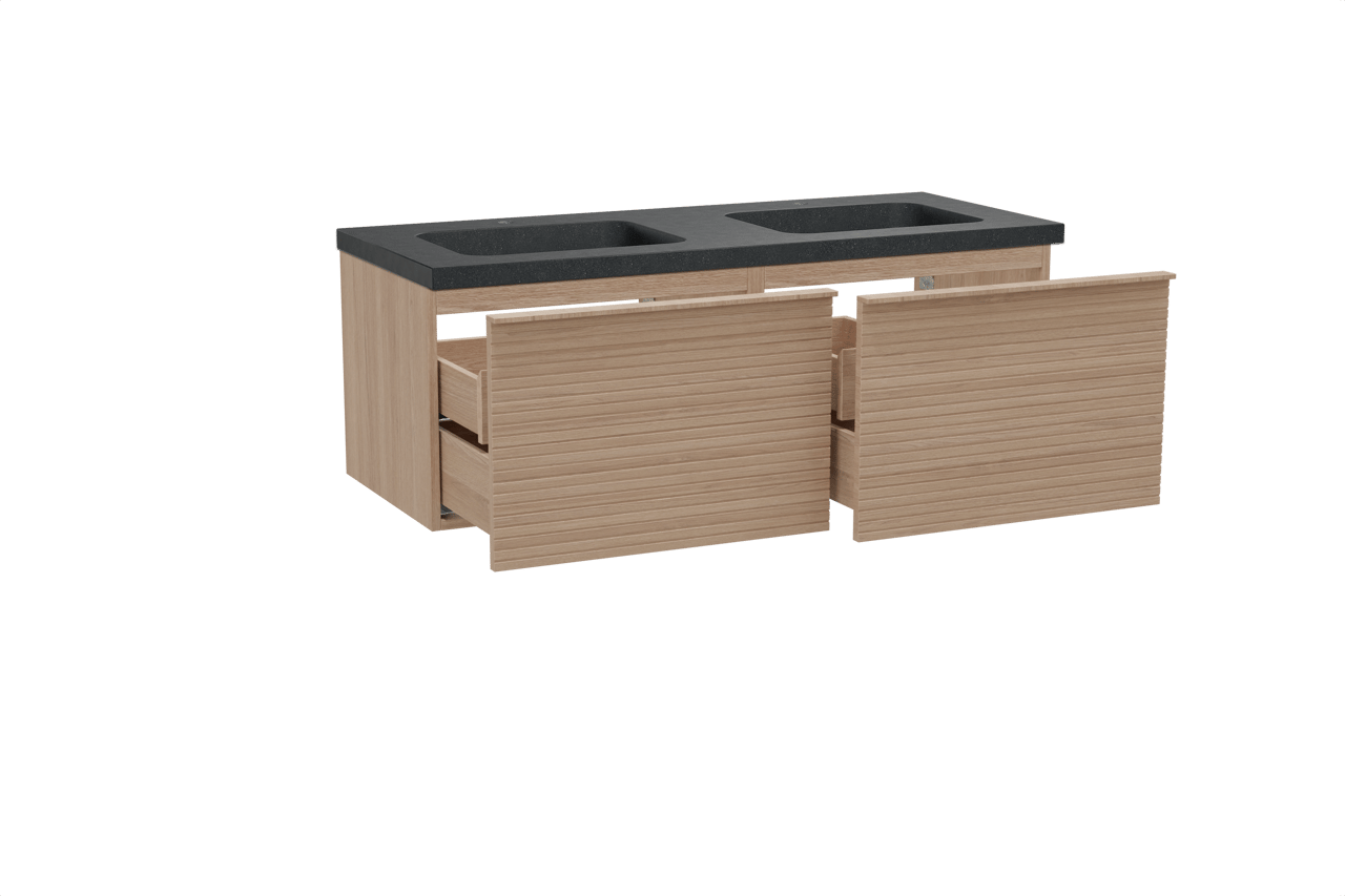 Balmani Forma zwevend badkamermeubel 135 x 55 cm natuur eik met Napoli dubbele wastafel in graniet zwart, Horizontale symmetrische rechte ribbel