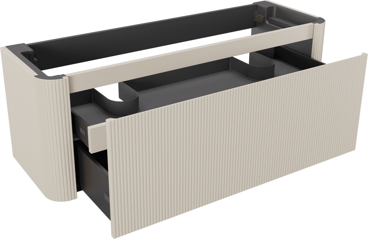 Storke Soft  hängendes möbelstück Waschtischunterschränke 140 x 46 cm Sand matt 2 Schubladen Vert. Sym. Rippe