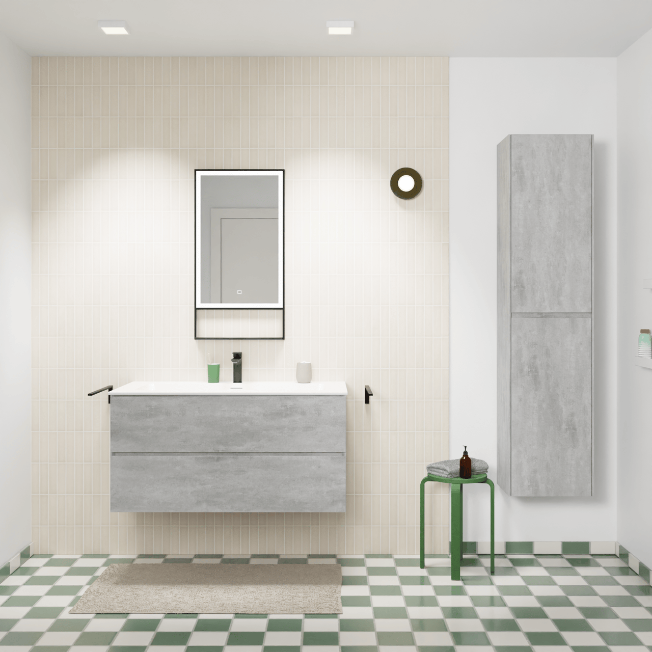 Storke Edge hängendes Möbelstück Set: 105 x 52 cm, Beton dunkelgrau, mit Mata Einzelwaschtisch für 2 Armaturenlöcher, Solid Surface Weiß matt