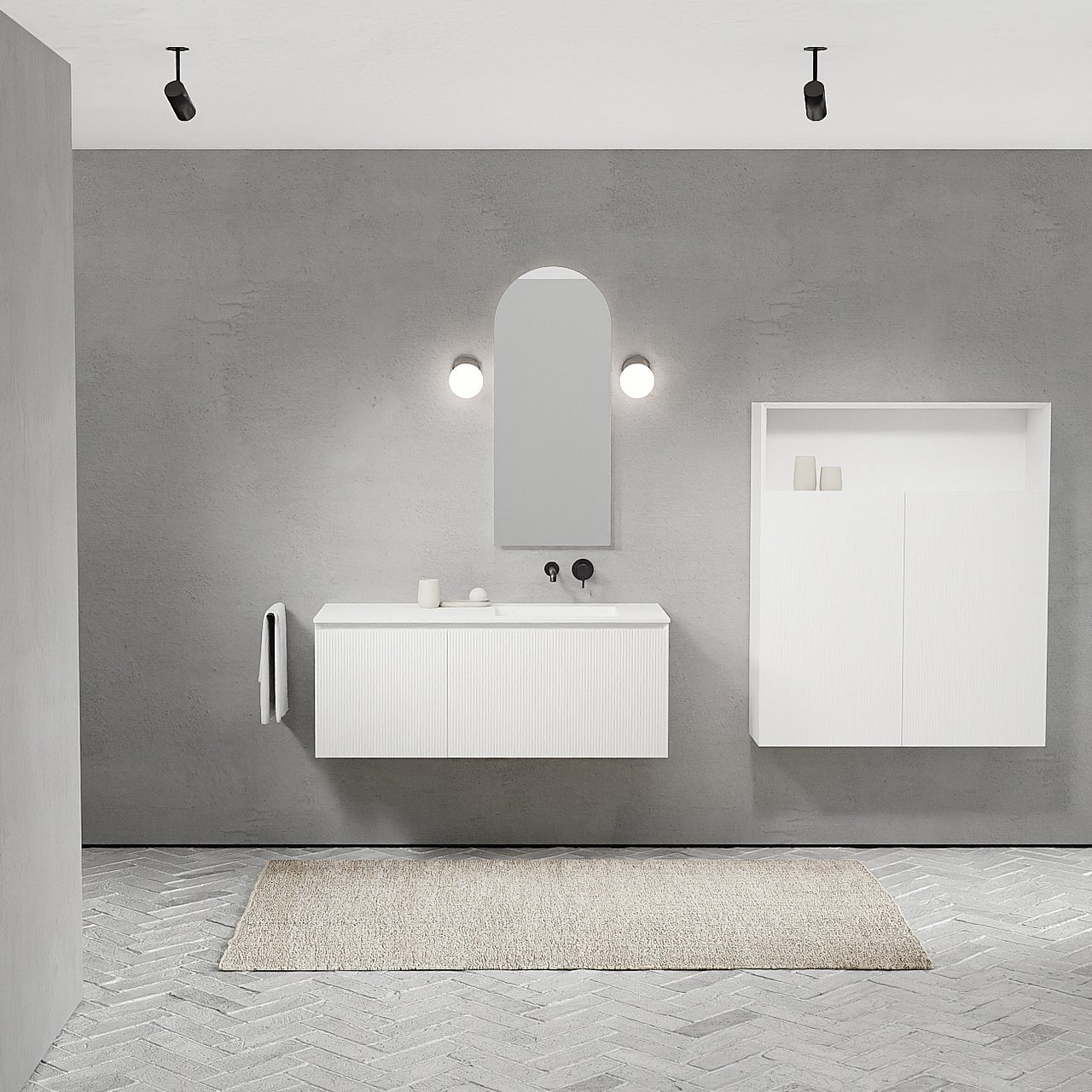 Balmani Fila by Mitra meuble salle de bains suspendu 120 x 55 cm blanc mat avec Tablo Arcato plan vasque asymétrique à droite en solid surface blanc mat, Nervure droite symétrique verticale