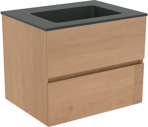Storke Edge zwevend badmeubel 60 x 46 cm ruw eiken met Scuro enkele wastafel in kwarts mat zwart