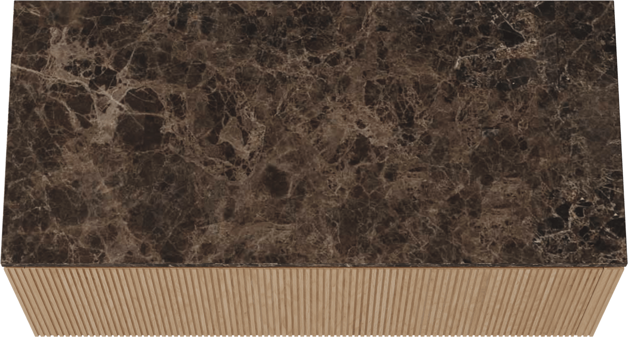 Balmani Eclips hängendes Möbelstück Set: 120 x 55 cm, Eiche Natur, mit Stretto Einzel- oder Doppel Waschtischplatte Marmor Dark Emperador, Vertikale symmetrische gerade Rippe