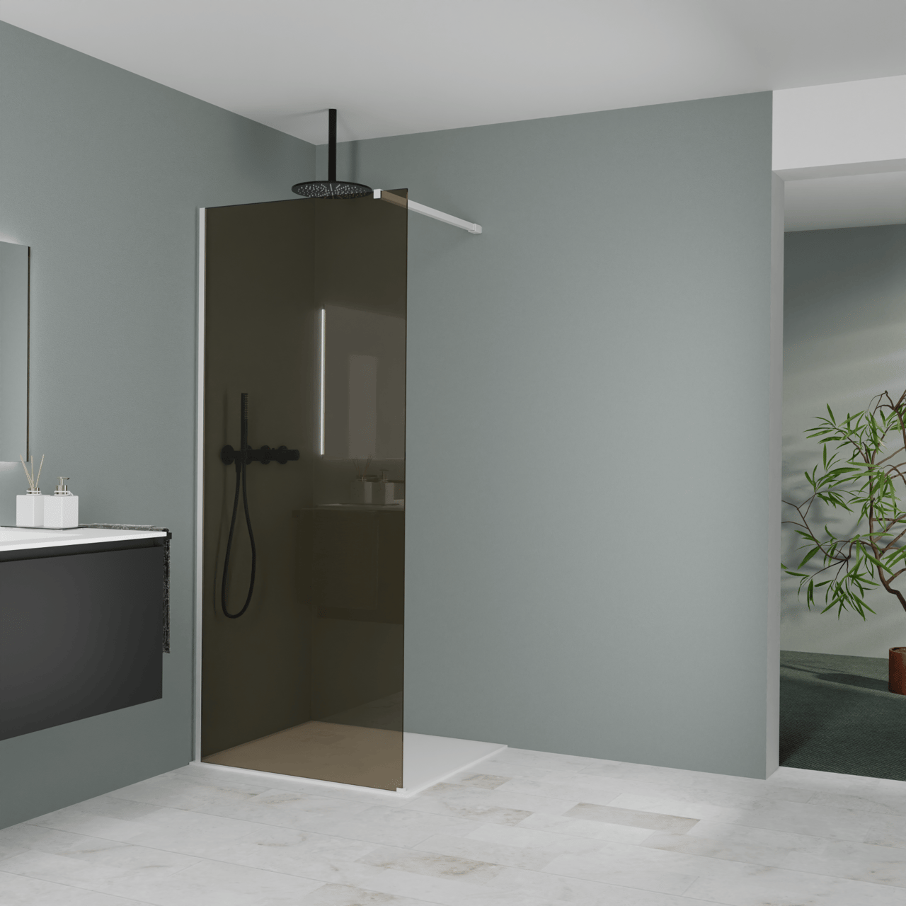 Balmani Modular Walk-In Dusche: 90 x 200 cm, Bronze Glas, inklusive Coating, Profil Weiß matt