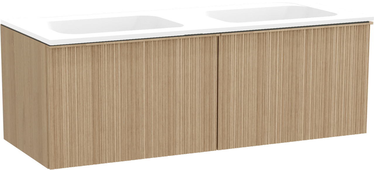 Balmani Forma zwevend badkamermeubel 135 x 55 cm natuur eik met Tablo Strada dubbele wastafel in composietmarmer mat wit, Verticale asymmetrische ronde ribbel