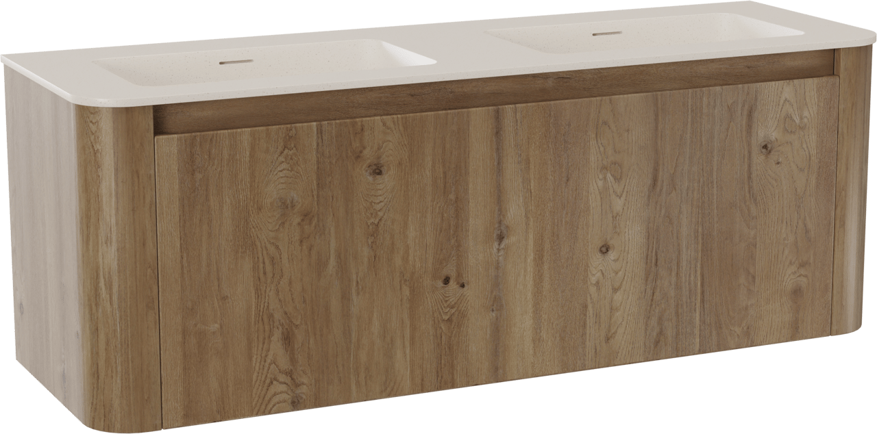 Storke Soft hängendes Möbelstück Set: 140 x 46 cm, Eiche rau, mit Mata Soft Doppelwaschtischplatte Solid Surface Beige Granit