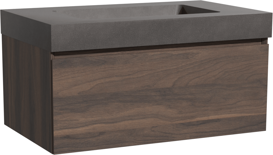 Storke Edge zwevend badmeubel 85 x 52 cm notenhout met Scuro High enkele wastafel in kwarts mat zwart