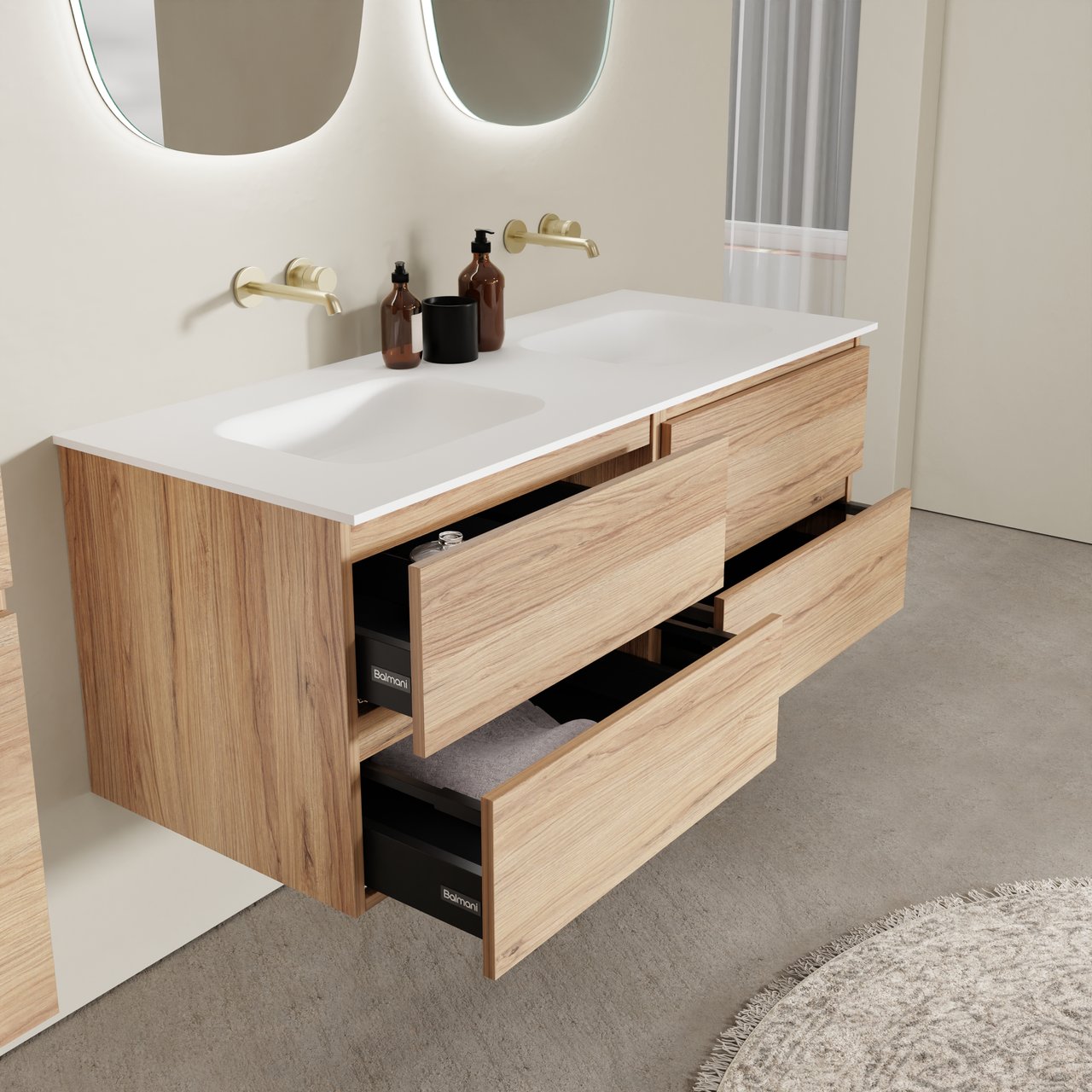 Balmani Lucida meuble salle de bains suspendu 135 x 55 cm teck avec Tablo Arcato double vasque en solid surface blanc mat