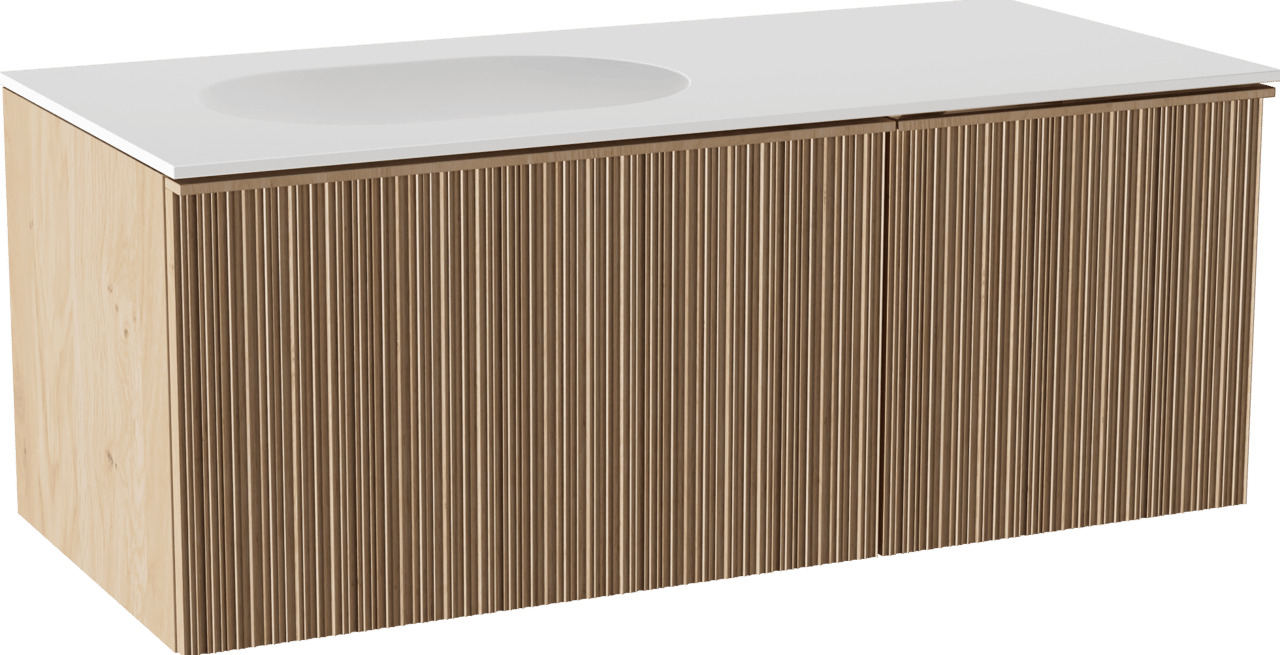 Balmani Forma hängendes Möbelstück Set: 120 x 55 cm, Naturbelassene Eiche, mit Tablo Oval Waschtisch links, Solid Surface, Weiß matt, Vertikale asymmetrische Runde Rippe