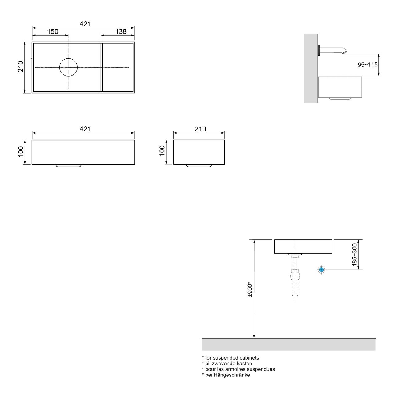 Balmani Forma hängendes WC-Möbel-Set, 42 x 21 cm, Eiche Natur, mit Loop Waschtisch in mattem Solid Surface