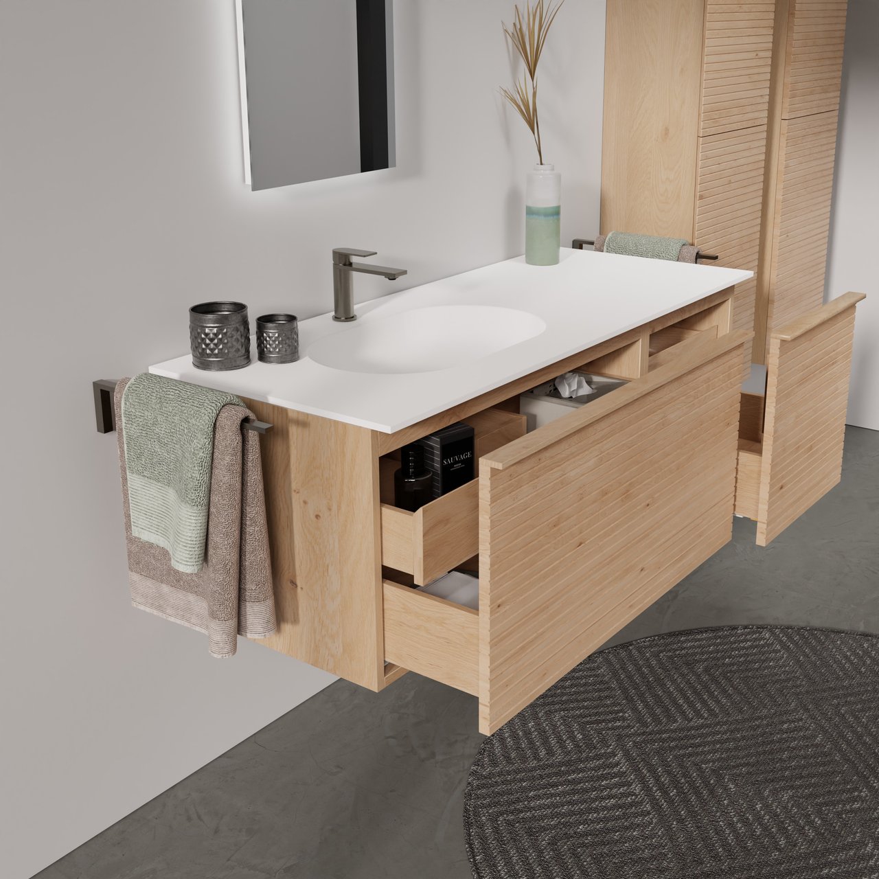 Balmani Forma hängendes Möbelstück Set: 135 x 55 cm, Naturbelassene Eiche, mit Tablo Oval Waschtisch links, Solid Surface, Weiß matt, Horizontale symmetrische gerade Rippe