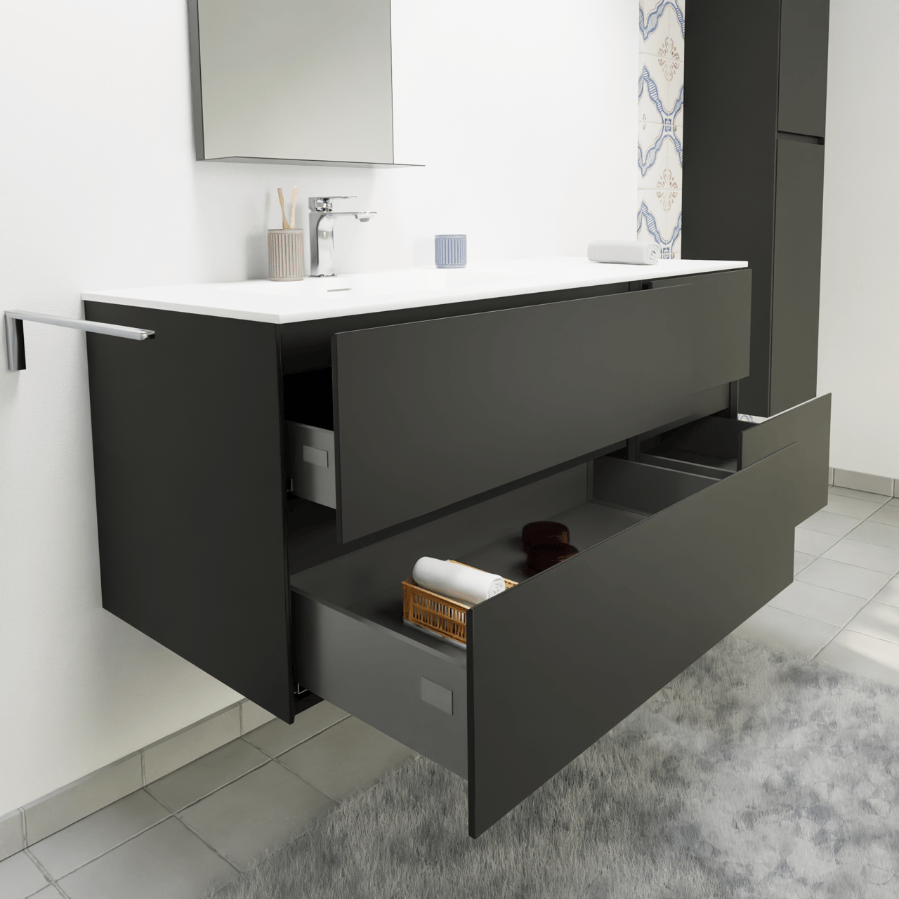 Storke Edge hängendes Möbelstück Set: 130 x 52 cm, Schwarz matt, mit Mata Waschtisch links, Solid Surface Weiß matt