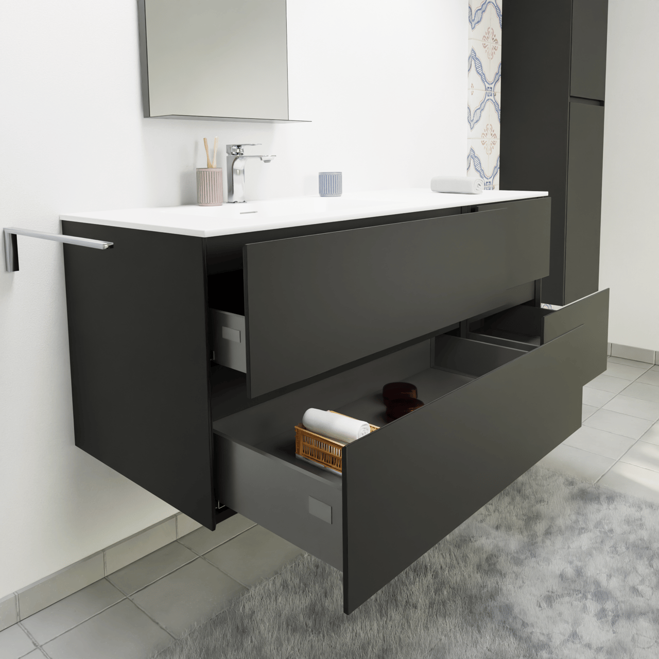 Storke Edge meuble salle de bains suspendu 130 x 52 cm noir mat avec Mata vasque asymétrique gauche en solid surface blanc mat