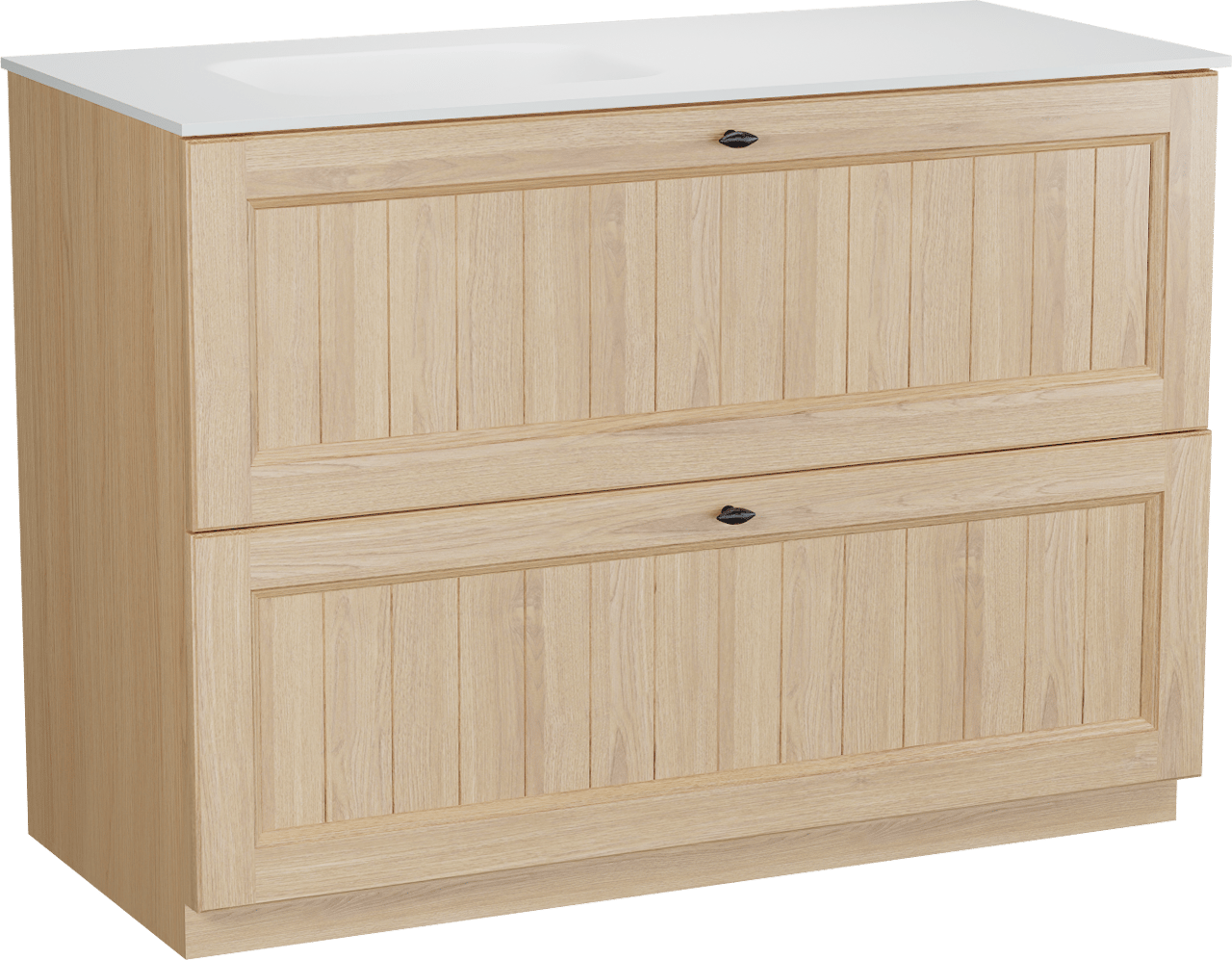 Balmani Lemon staand badkamermeubel 120 x 55 cm, fineer natuur eik met Tablo Arcato asymmetrisch linkse wastafel in mat wit