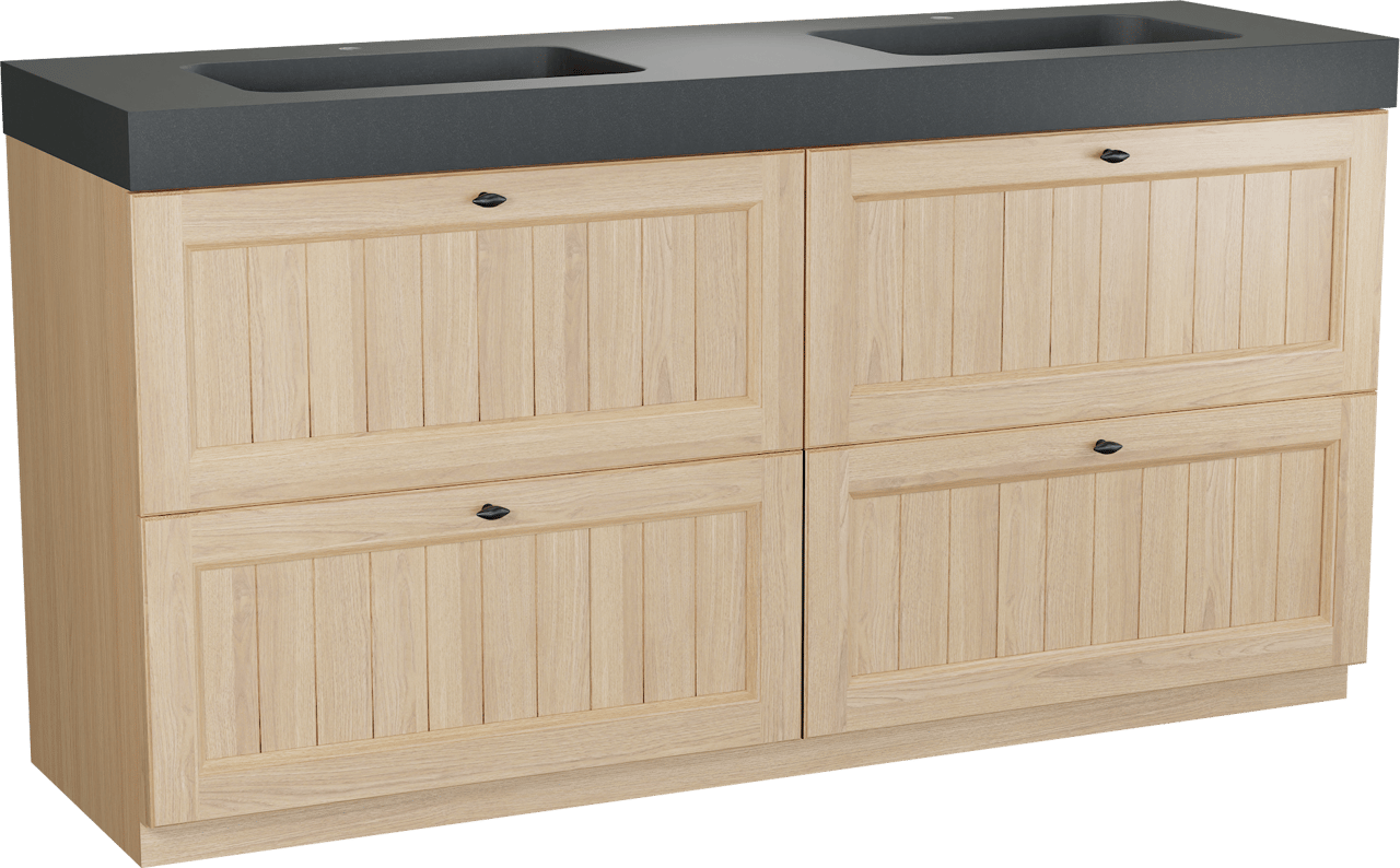 Balmani Lemon staand badkamermeubel 180 x 55 cm, fineer natuur eik met Napoli dubbele wastafel in graniet zwart