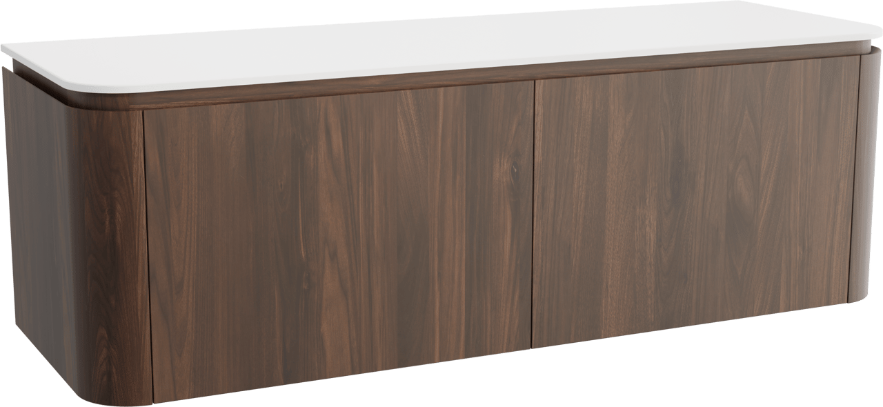 Balmani Moon zwevend badkamermeubel 160 x 55 cm amerikaanse notelaar met Moon enkel of dubbel tablet in solid surface mat wit