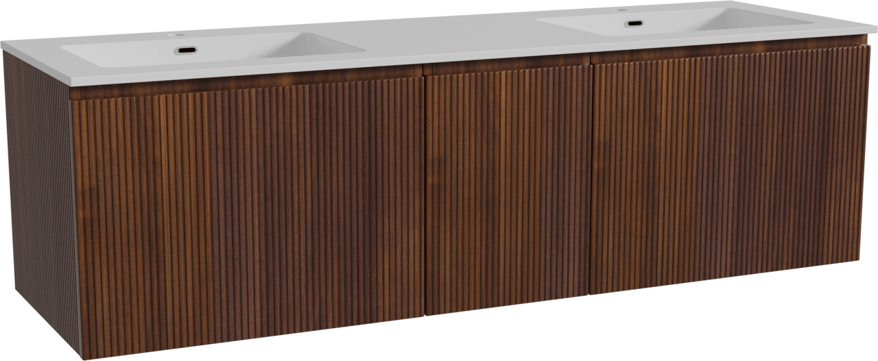 Storke Ribs zwevend badmeubel 165 x 52 cm notenhout met Diva dubbele wastafel in composietmarmer hoogglans wit, Verticale symmetrische rechte ribbel