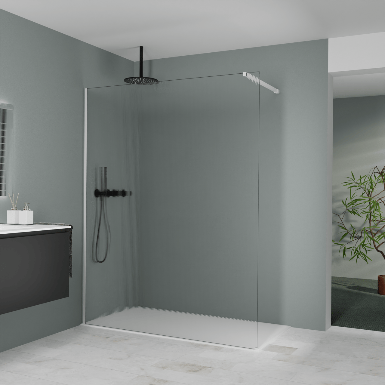 Balmani Modular inloopdouche: 160 x 200 cm, Ribs met coating, Mat witte profielen