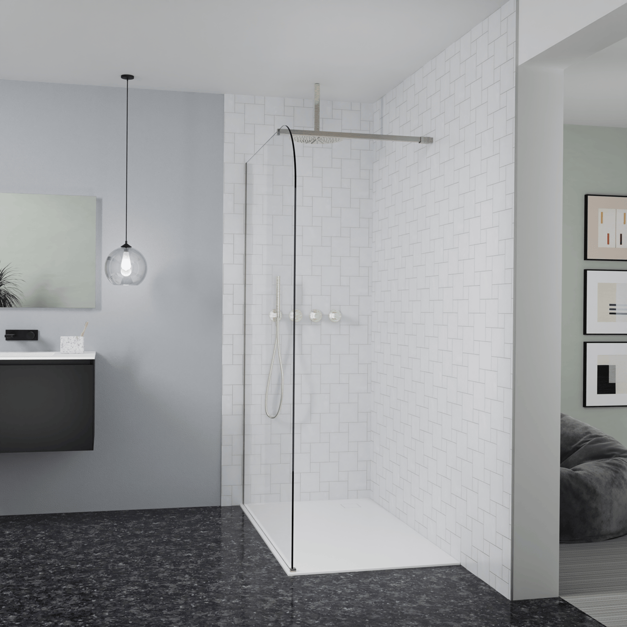 Balmani Modular Walk-In Dusche: 140 x 200 cm, Klarglas abgerundet, inklusive Coating, Profil Brushed CoolMetal