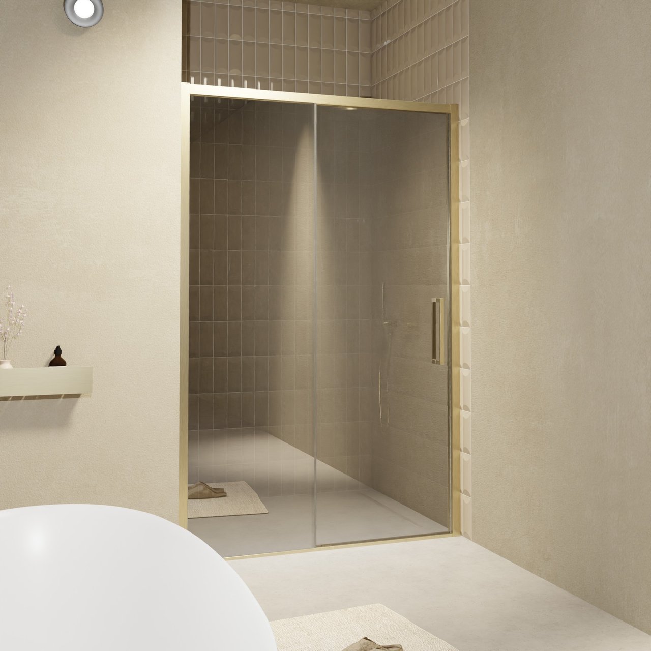 Balmani Senses Design porte coulissante à gauche 140 cm x 210 cm verre Miroir Reflex, Profil Brushed Champagne Gold, coating inclus