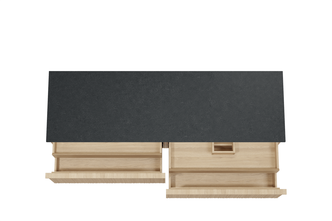 Balmani Forma hängendes Möbelstück Set: 180 x 55 cm, Naturbelassene Eiche, mit Stretto Einzel- oder Doppel Waschtischplatte, Granit, Schwarzes Granit, Vertikale asymmetrische Runde Rippe