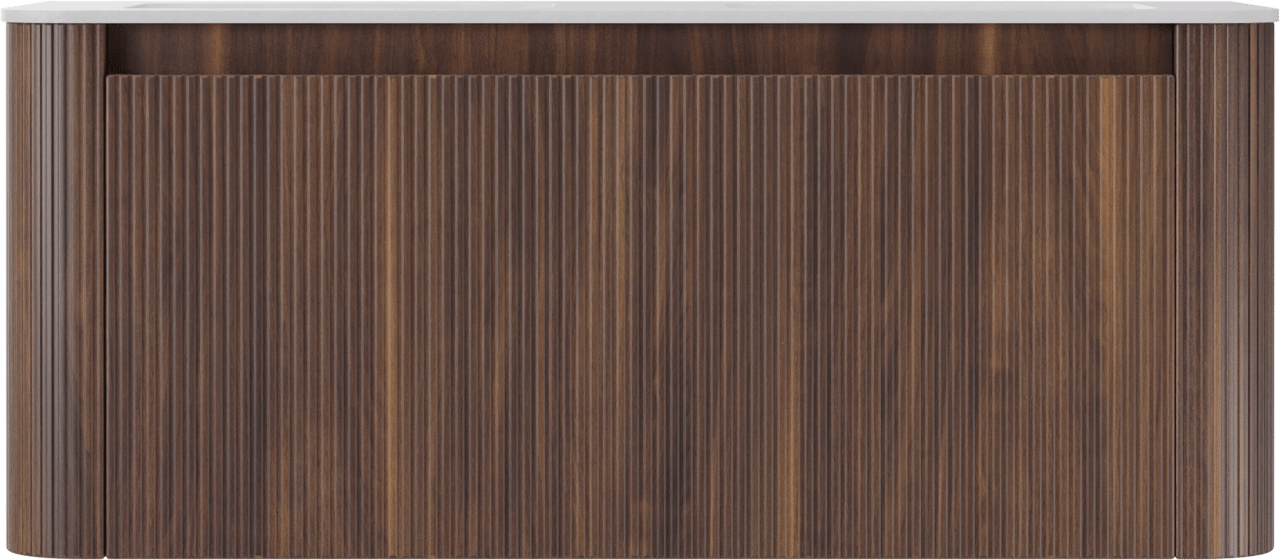 Storke Soft zwevend badkamermeubel 120 x 46 cm notelaar met Mata Soft dubbele wastafel in solid surface mat wit, Verticale symmetrische rechte ribbel