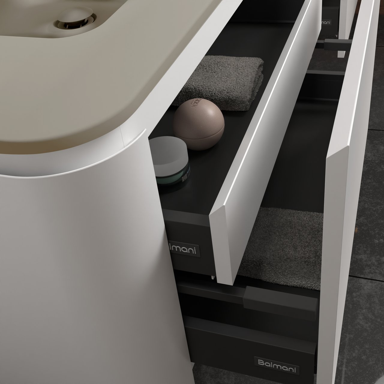 Balmani Moon hängendes Möbelstück Set: 160 x 55 cm, Weiß matt, mit Moon Doppelwaschtisch, Top Solid Seidengrau