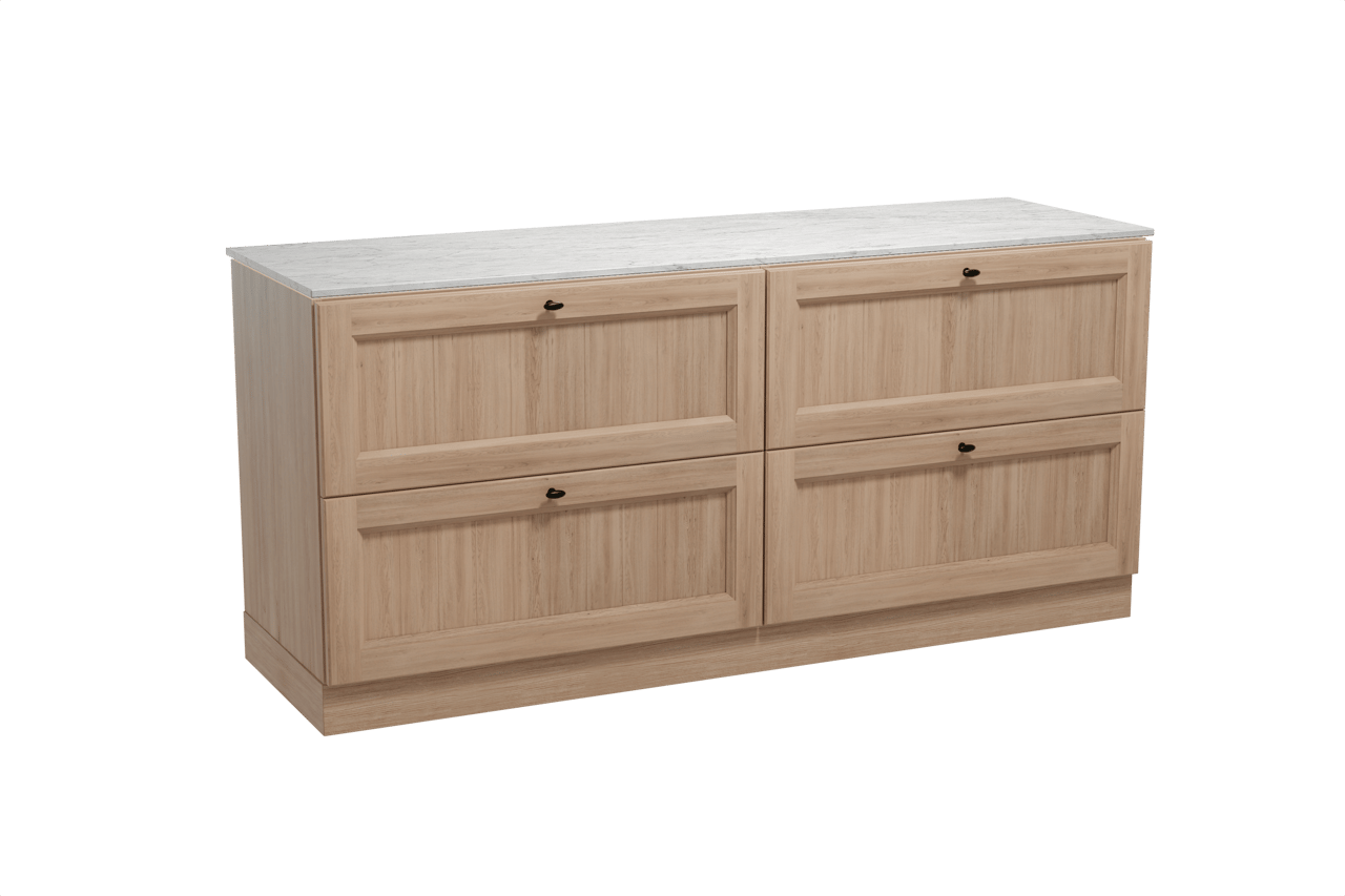 Balmani Lemon freistehendes Möbelstück Set: 180 x 55 cm, Verwitterte Eiche, mit Stretto Einzel- oder Doppel Waschtischplatte, Marmor Carrara