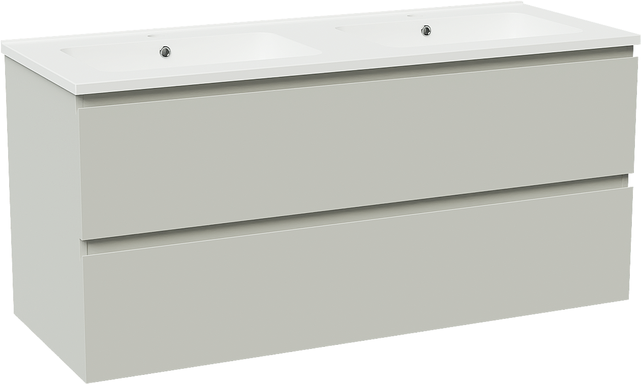 Linie Lado hängendes Möbelstück Set: 120 x 46 cm, Greige, mit Vano Doppelwaschtisch, Marmorkomposit Weiß matt