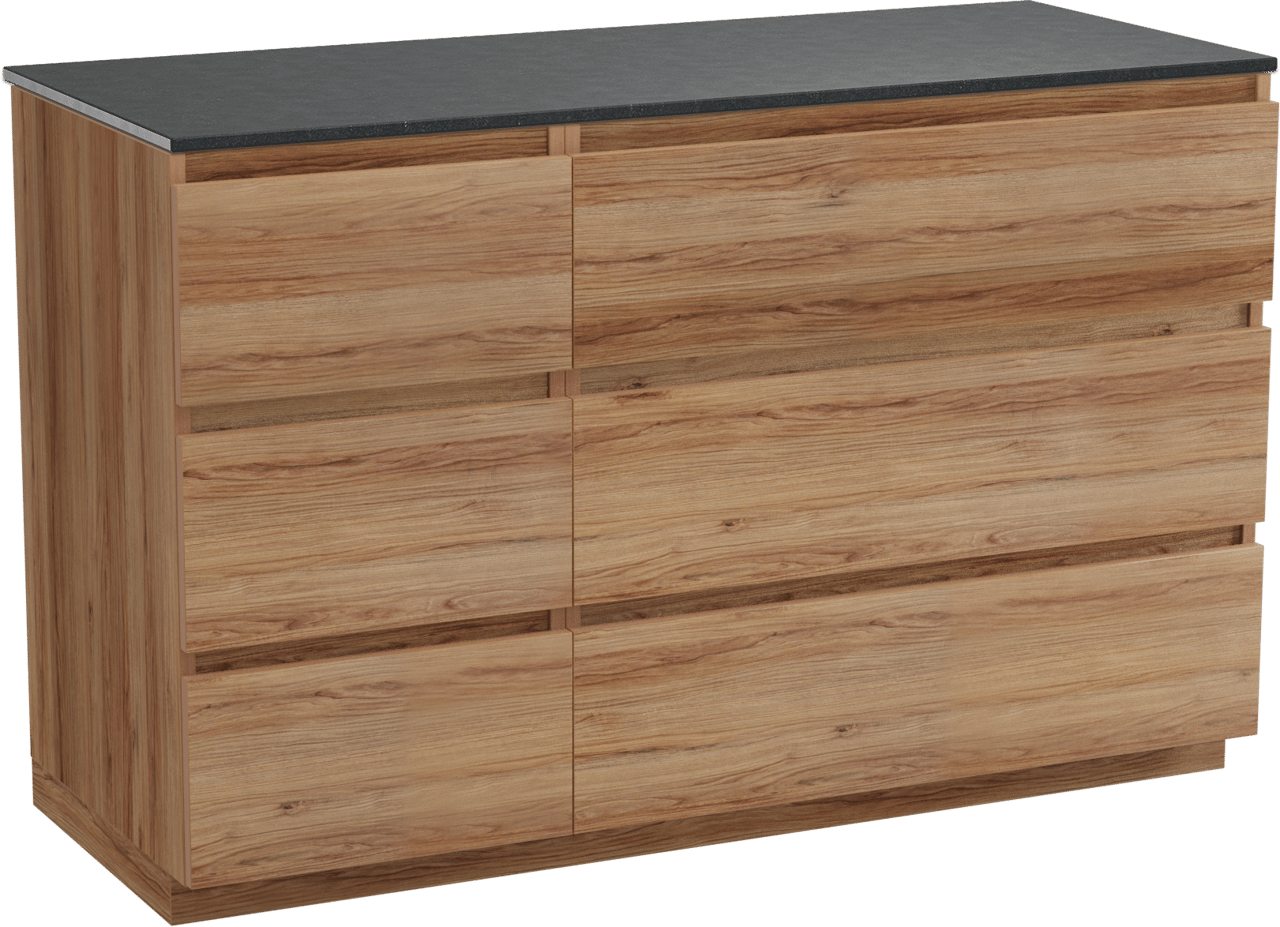 Balmani Lucida staand badkamermeubel 135 x 55 cm teak met Stretto enkel of dubbel tablet in graniet zwart