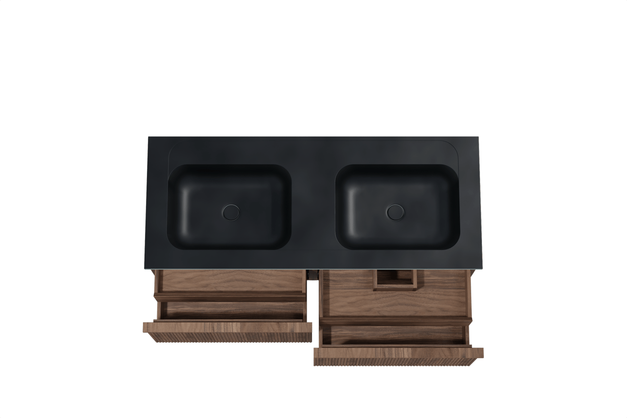 Balmani Forma hängendes Möbelstück Set: 135 x 55 cm, Amerikanischer Nussbaum, mit Tablo Strada Doppelwaschtisch, Marmorkomposit, Schwarz matt, Vertikale symmetrische gerade Rippe