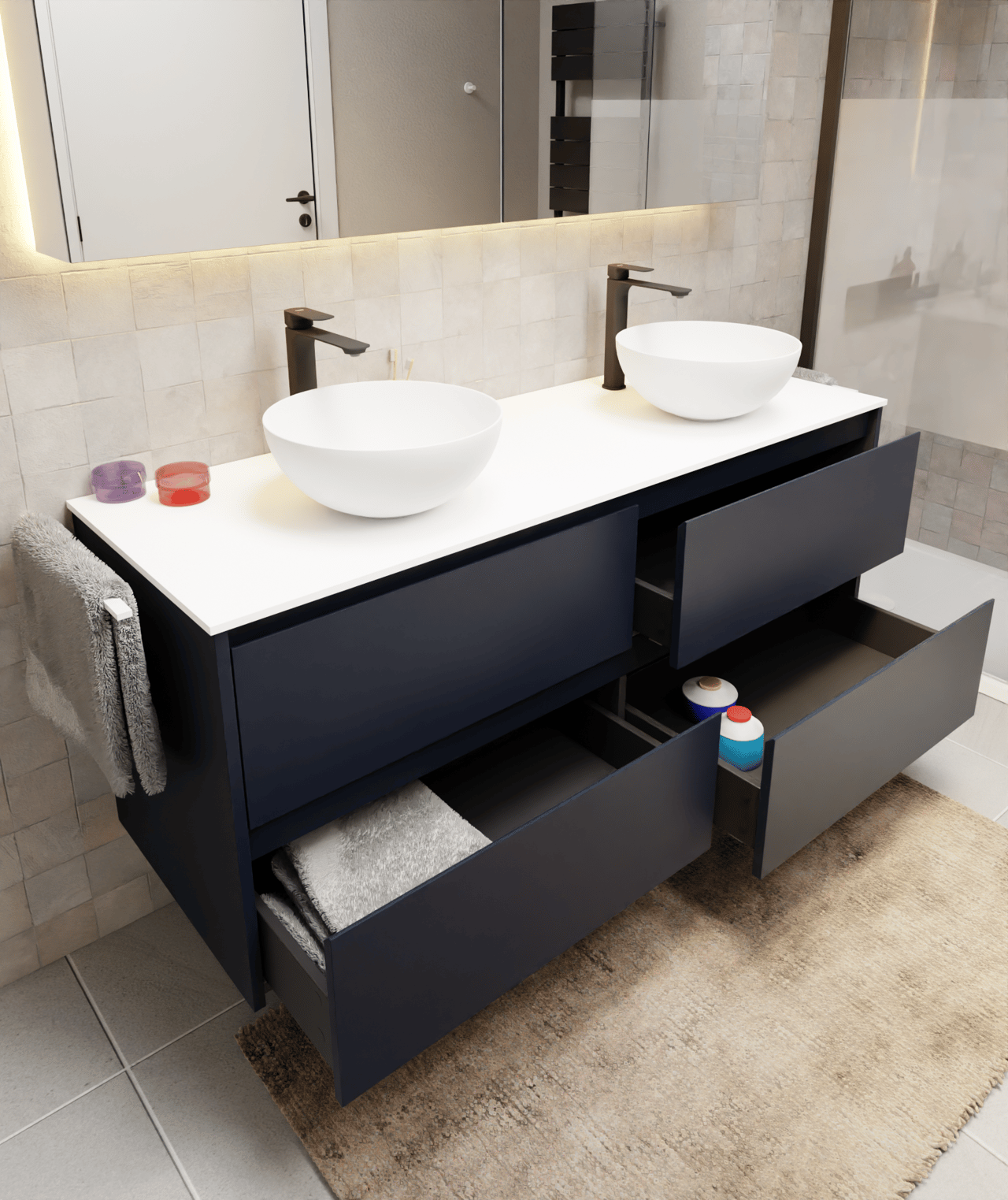 Storke Seda meuble sous-lavabo suspendu 150 x 52 cm bleu nuit 4 tiroirs