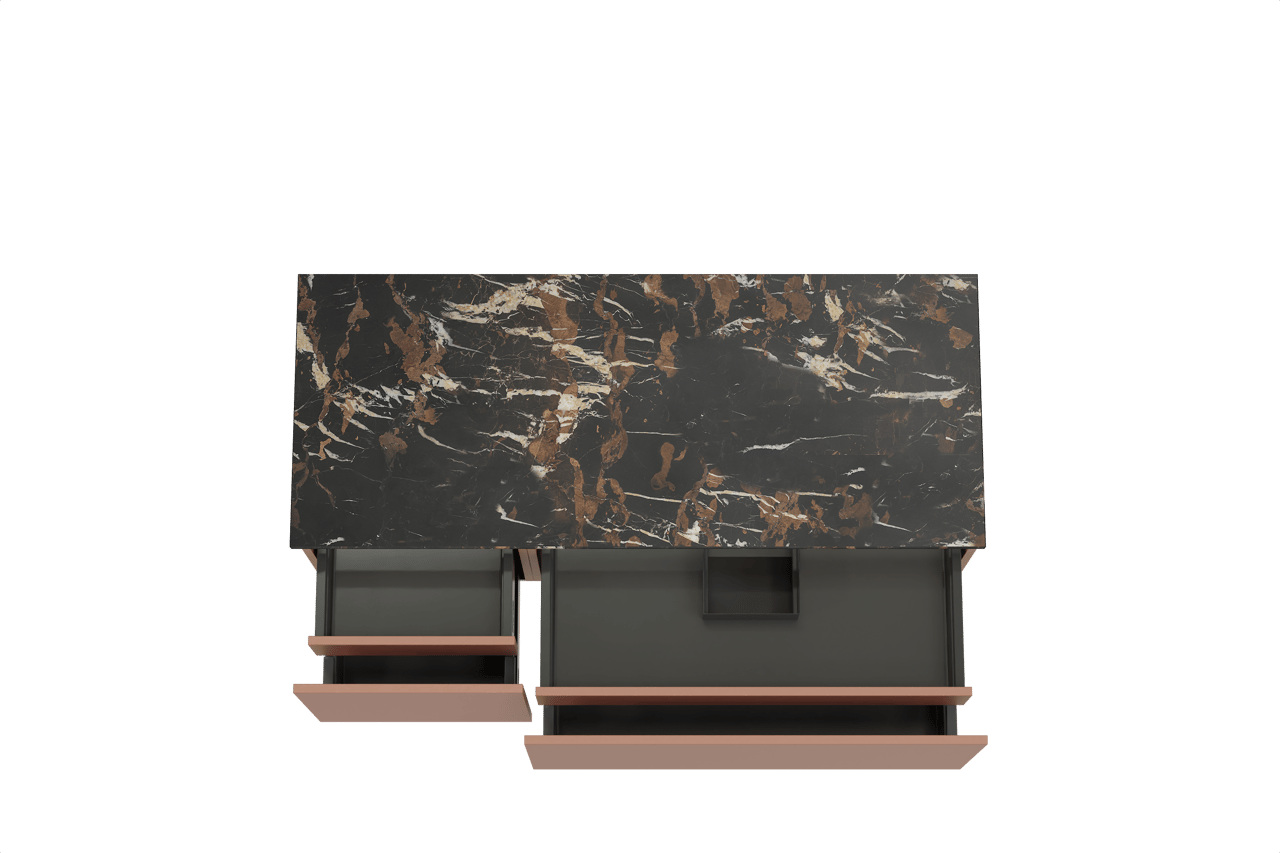 Balmani Sfera zwevend badmeubel 135 x 55 cm cotto met Stretto enkel of dubbel wastafelblad in marmer portoro gold