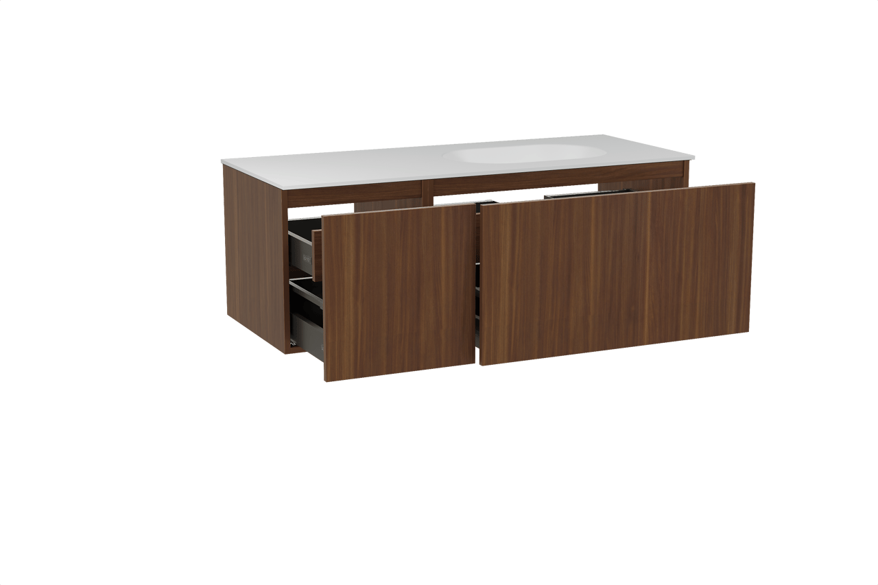 Balmani Sfera meuble salle de bains suspendu 135 x 55 cm noyer américain avec Tablo Oval plan vasque asymétrique à droite en solid surface blanc mat