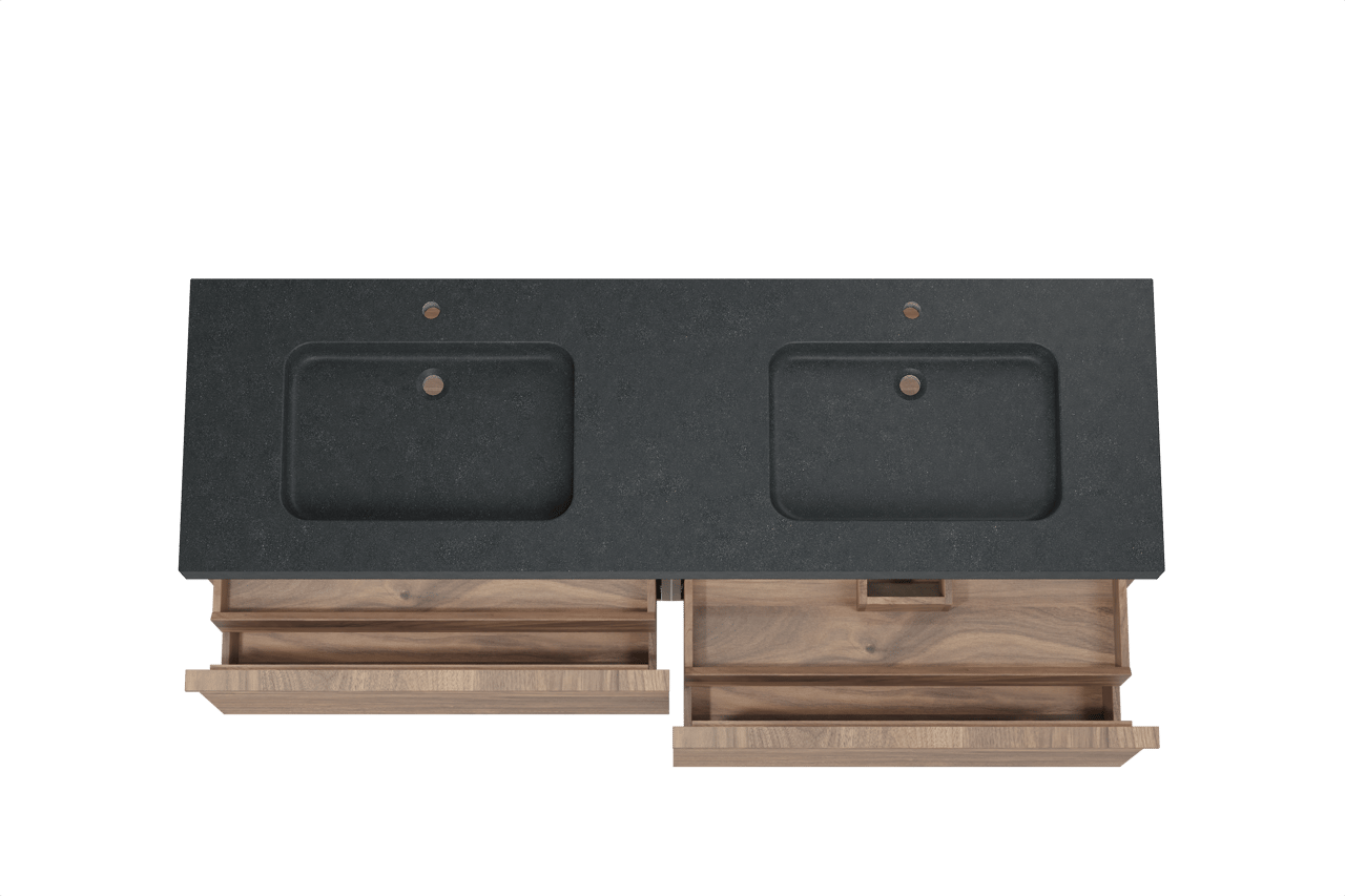 Balmani Forma hängendes Möbelstück Set: 180 x 55 cm, Amerikanischer Nussbaum, mit Napoli Doppelwaschtisch, Granit, Schwarzes Granit, Horizontale symmetrische gerade Rippe