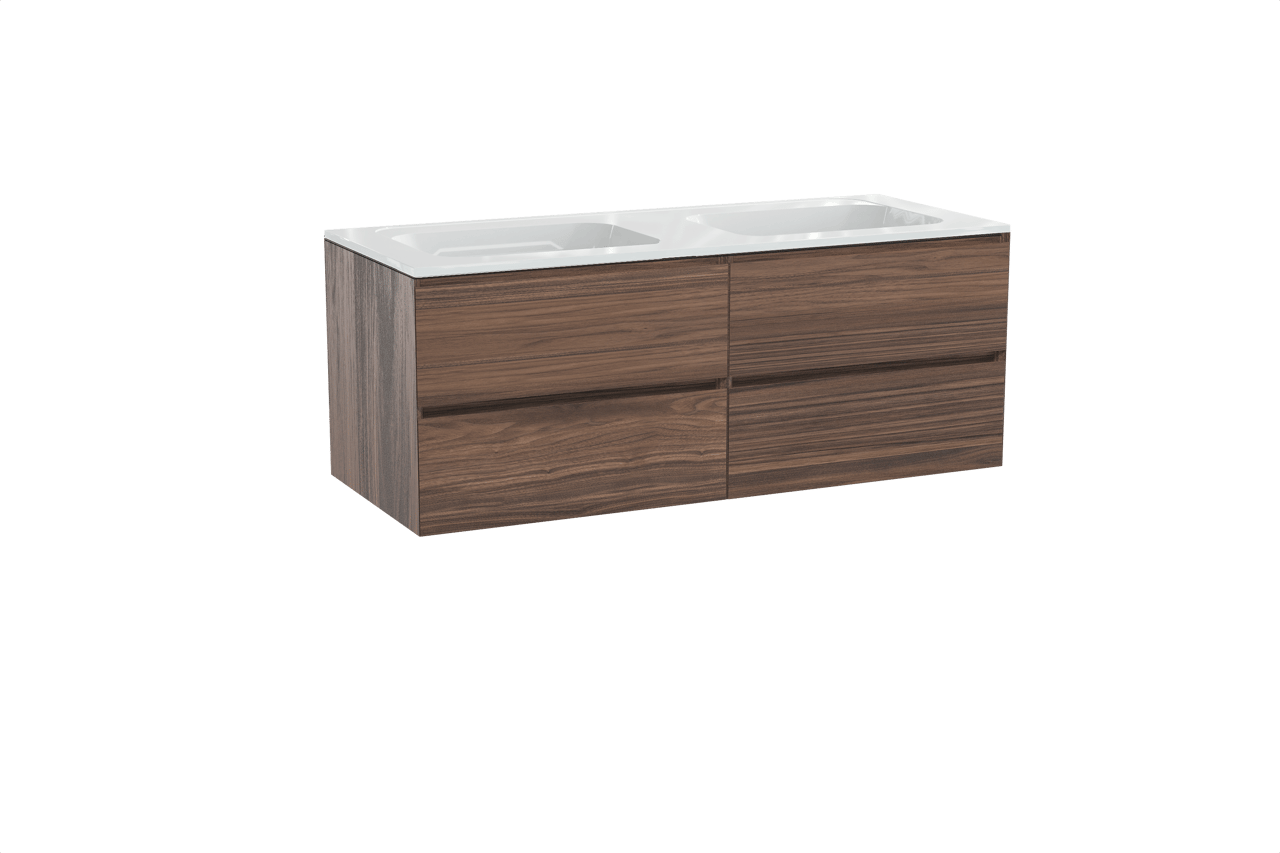 Balmani Mitra meuble salle de bains suspendu 135 x 55 cm noyer avec Tablo Strada double vasque en marbre composite blanc brillant