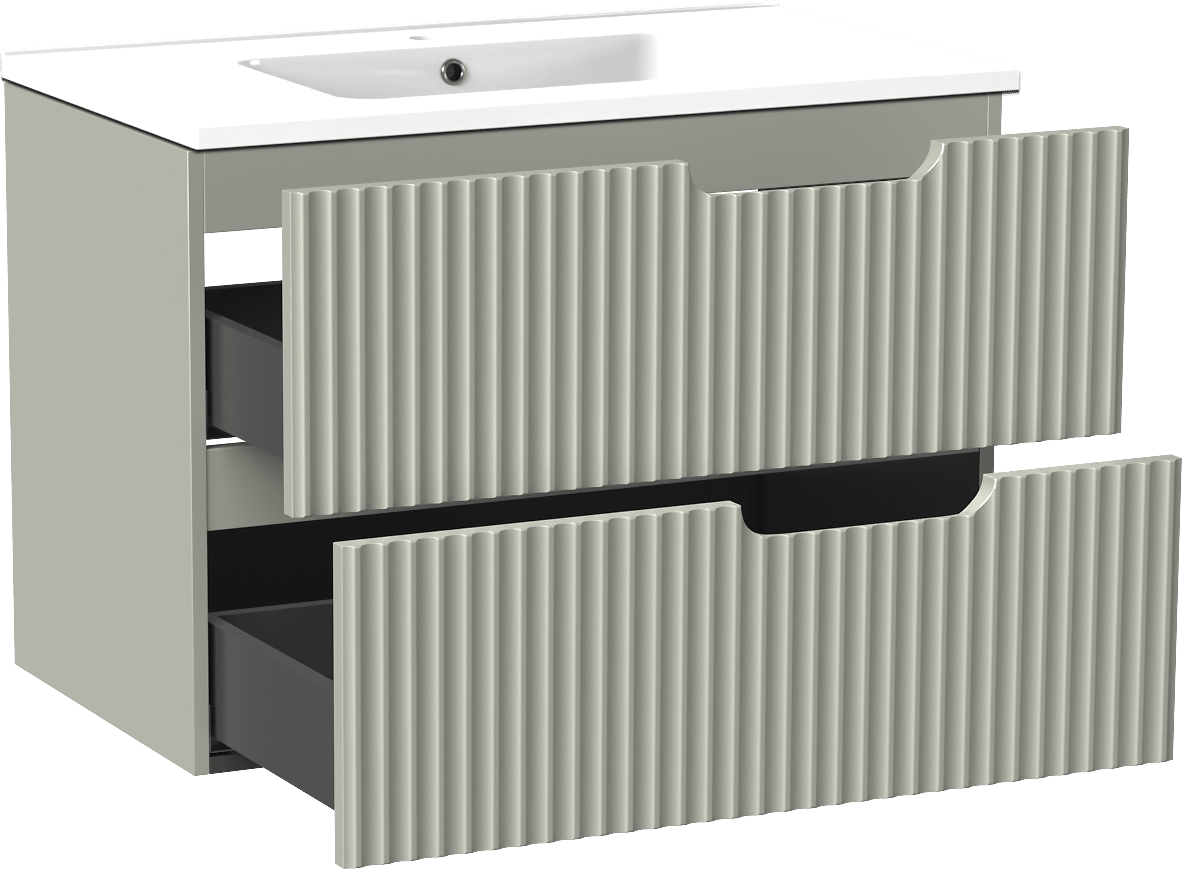 Linie Ribbo zwevend badmeubel 80 x 46 cm greige met Vano enkele wastafel in composietmarmer hoogglans wit, Verticale symmetrische ronde ribbel