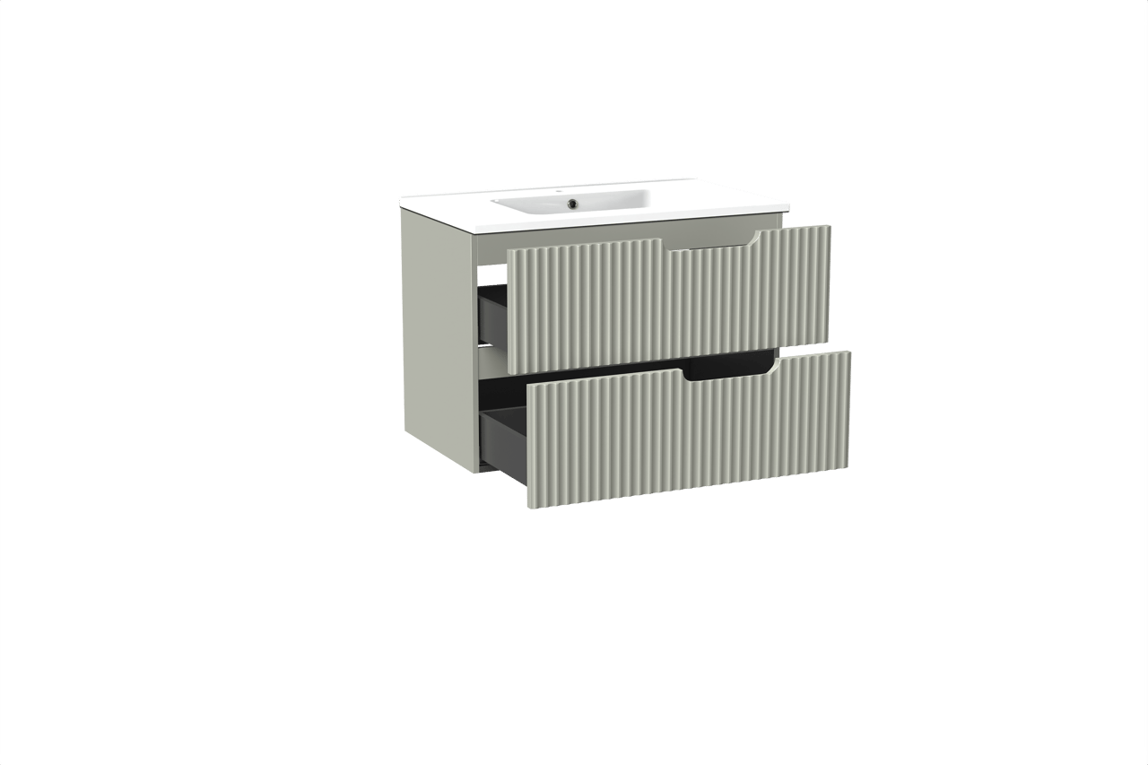 Linie Ribbo hängendes Möbelstück Set: 80 x 46 cm, Greige, mit Vano Einzelwaschtisch, Marmorkomposit, Weiß glänzend, Vertikale symmetrische runde Rippe