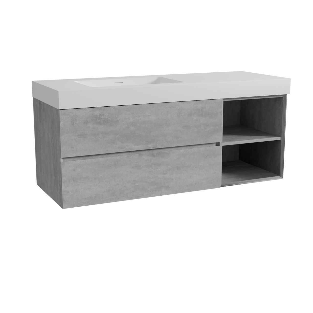 Storke Edge zwevend badkamermeubel 140 x 52 cm beton donkergrijs met Mata High asymmetrisch linkse wastafel in solid surface mat wit