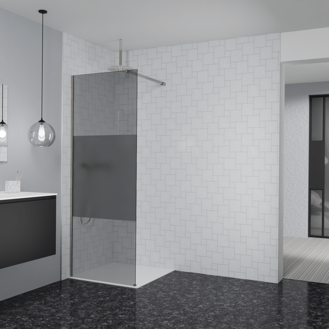 Balmani Modular inloopdouche: 80 x 200 cm, Rookglas met matte strook, Brushed CoolMetal profielen