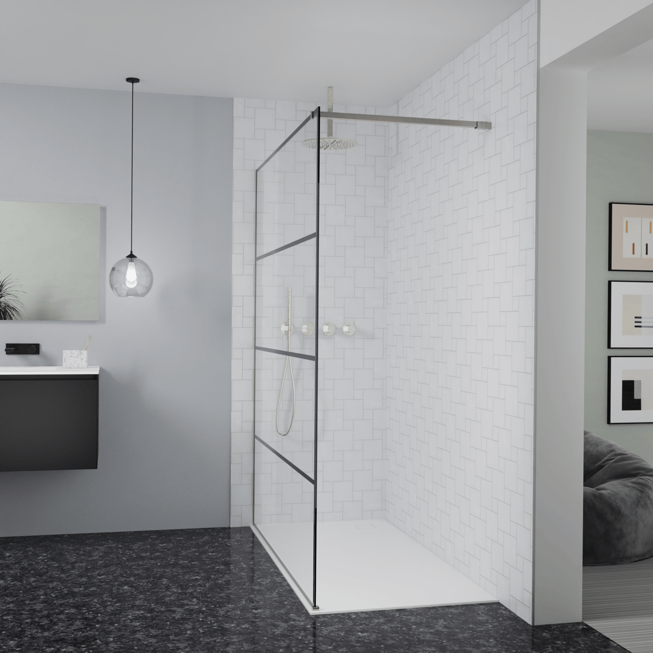 Balmani Modular douche à l'italienne: 160 x 200 cm, Lined, avec coating, Profil Brushed CoolMetal