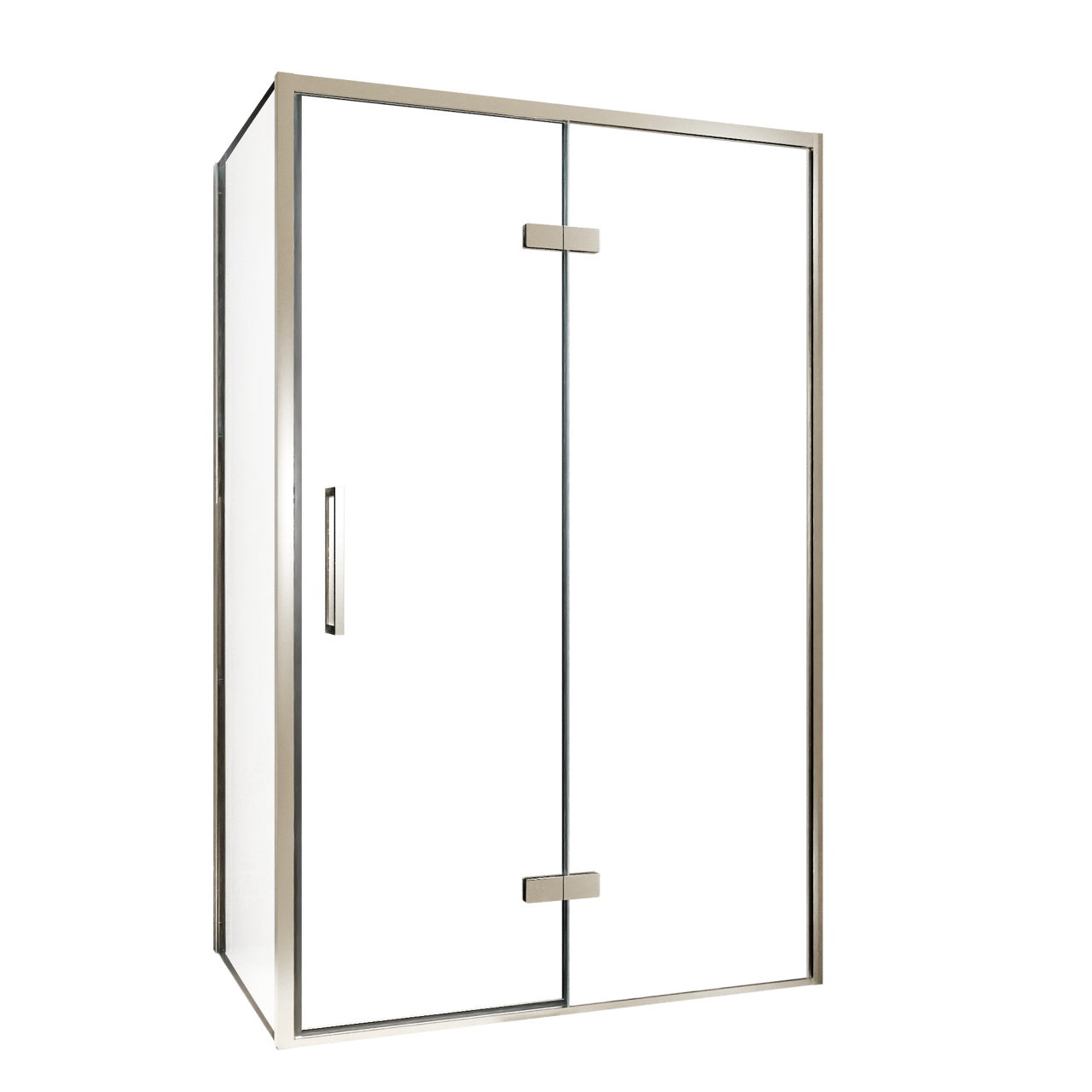 Balmani Senses Design douche en coin avec porte pivotante à droite et paroi latérale fixe, 120 x 80 cm, Verre transparent, Profil Brushed CoolMetal, coating inclus, coating inclus