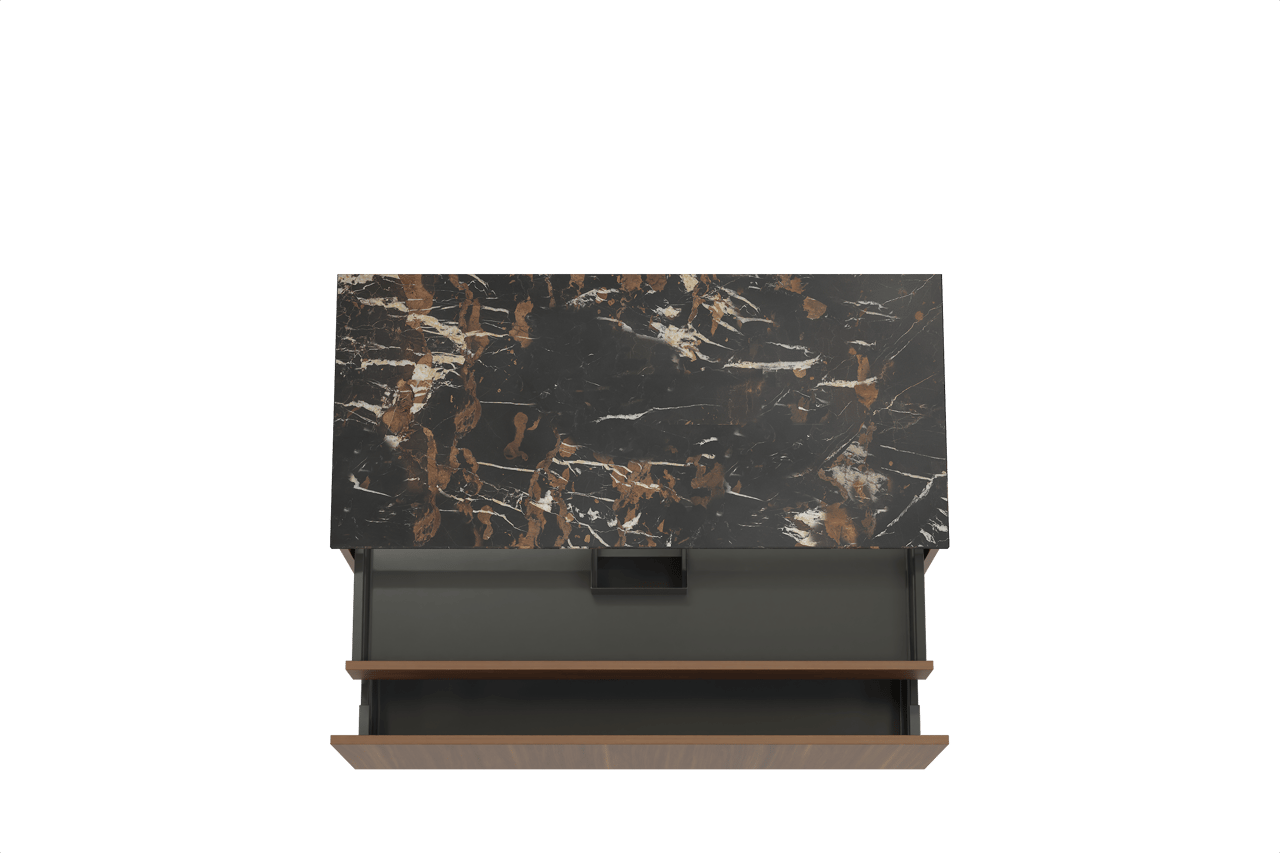 Balmani Sfera hängendes Möbelstück Set: 120 x 55 cm, Amerikanischer Nussbaum, mit Stretto Einzel Waschtischplatte, Marmor Portoro Gold