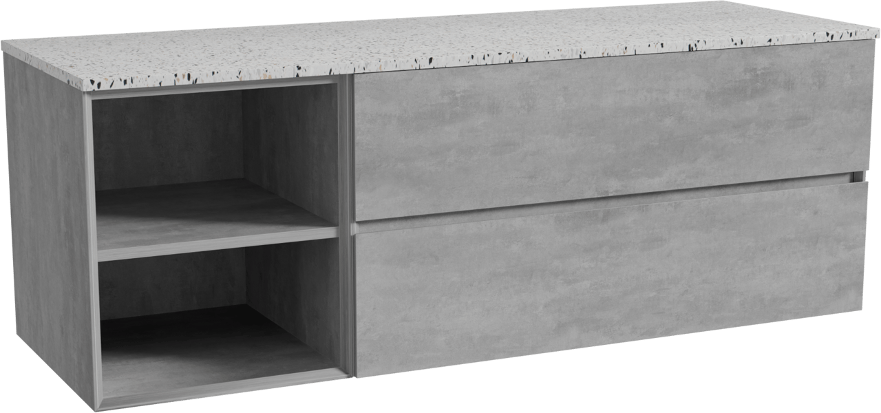 Storke Edge meuble salle de bains suspendu 150 x 52 cm béton gris foncé avec Tavola tablette simple ou double en blanc/noir mat terrazzo