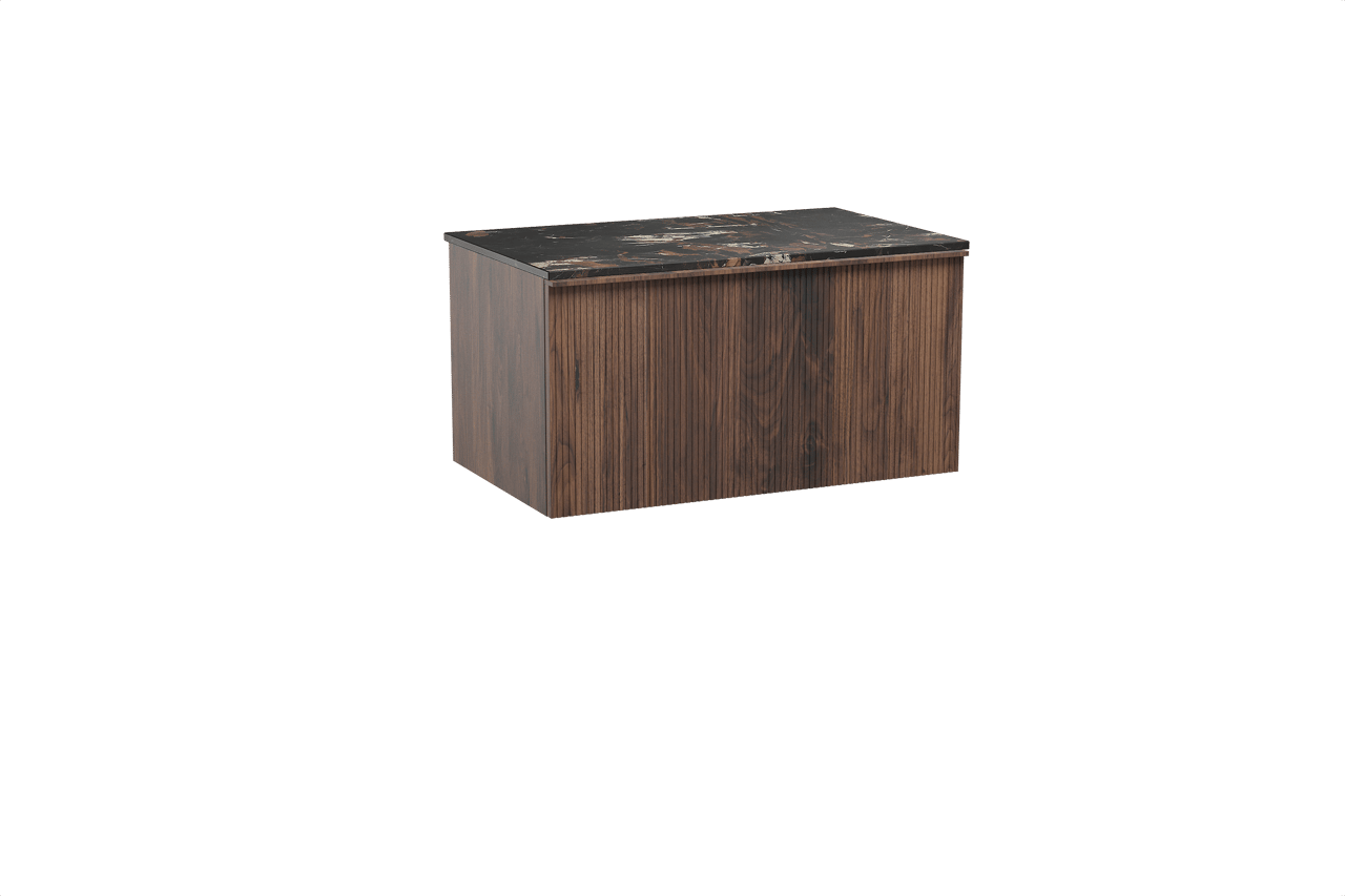 Balmani Forma zwevend badkamermeubel 90 x 55 cm amerikaanse notelaar met Stretto enkel tablet in marmer portoro gold, Verticale symmetrische rechte ribbel