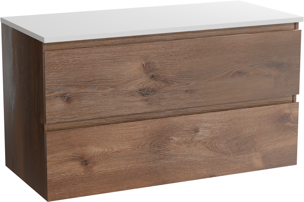 Linie Lado zwevend badkamermeubel 100 x 46 cm bruine eik met Lado enkel of dubbel tablet in composietmarmer glanzend wit