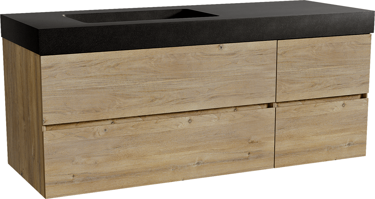 Storke Edge zwevend badkamermeubel 140 x 52 cm ruwe eik met Scuro High asymmetrisch linkse wastafel in kwarts mat zwart