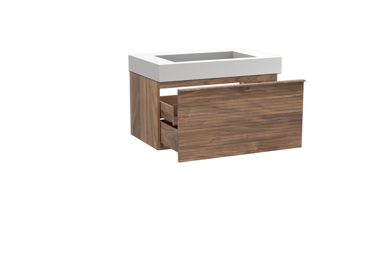 Balmani Forma zwevend badkamermeubel 90 x 55 cm amerikaanse notelaar met Modus enkele wastafel in solid surface mat wit, Horizontale symmetrische rechte ribbel