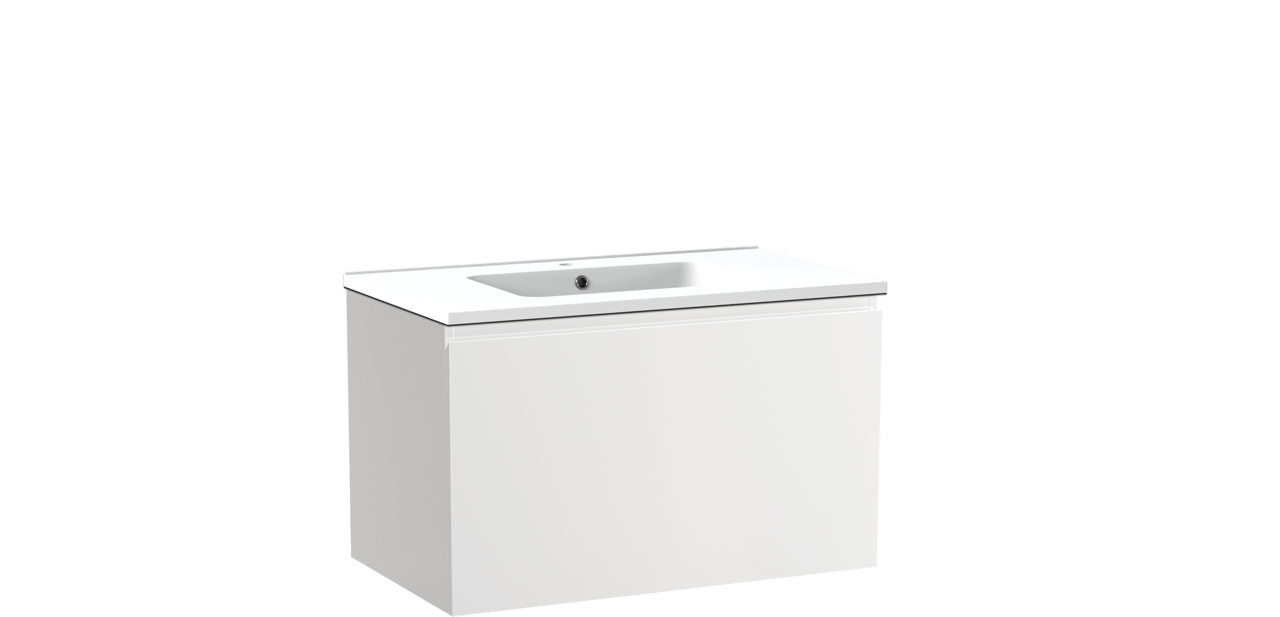 Linie Lado hängendes Möbelstück Set: 80 x 46 cm, Weiß glänzend, mit Vano Einzelwaschtisch, Marmorkomposit Weiß matt
