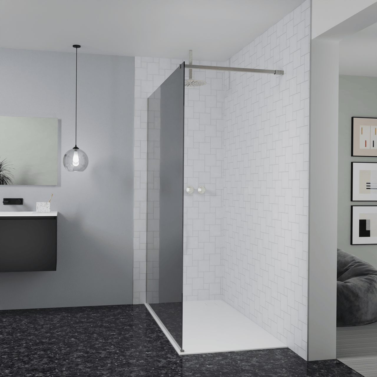 Balmani Modular douche à l'italienne: 160 x 200 cm, Verre miroir reflex, avec coating, Profil Brushed CoolMetal